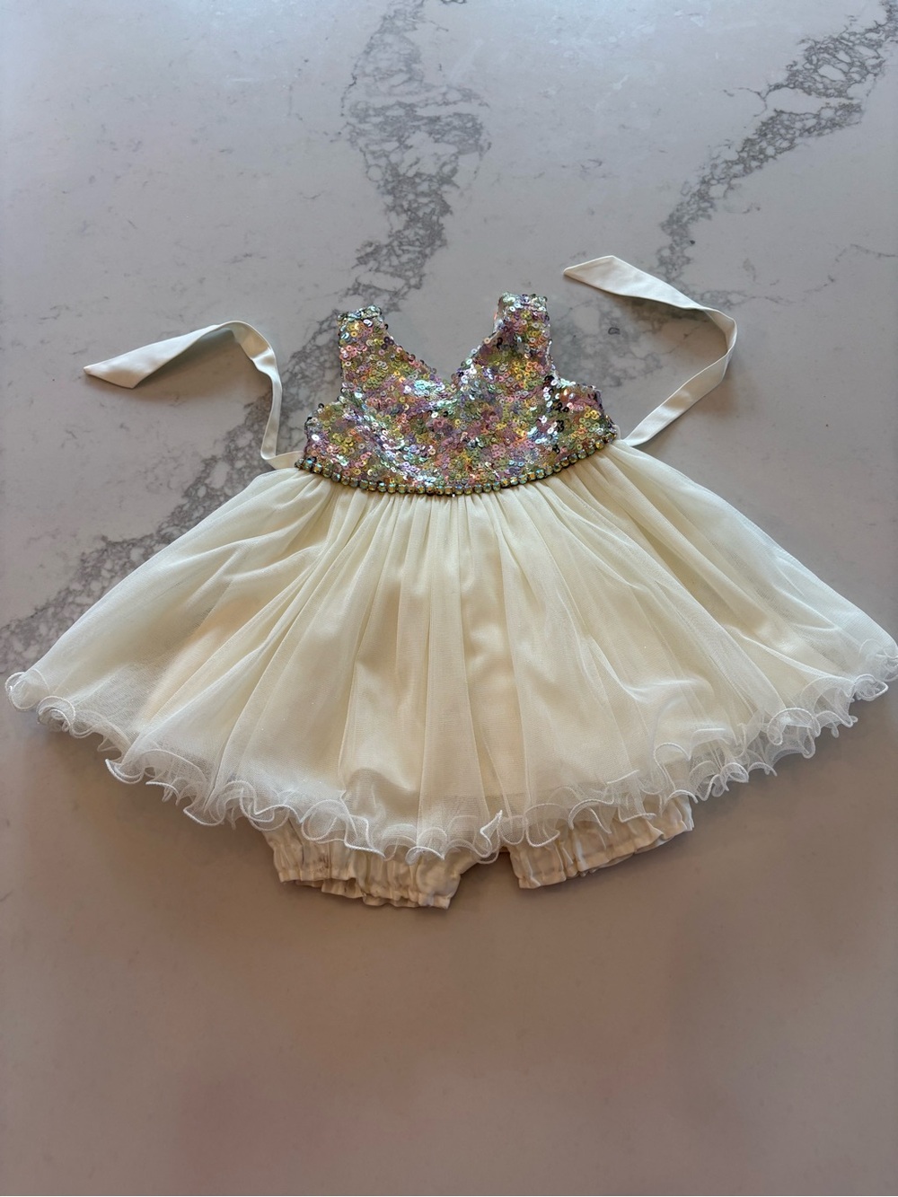 American Princess Iridescent Sequin Bodice Cream Tulle Dress - Picture 2 of 7